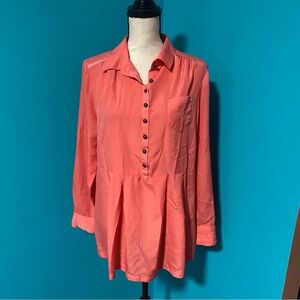 Soft Surroundings M Salmon Pink Orange Half Button Long Sleeve Blouse Top
